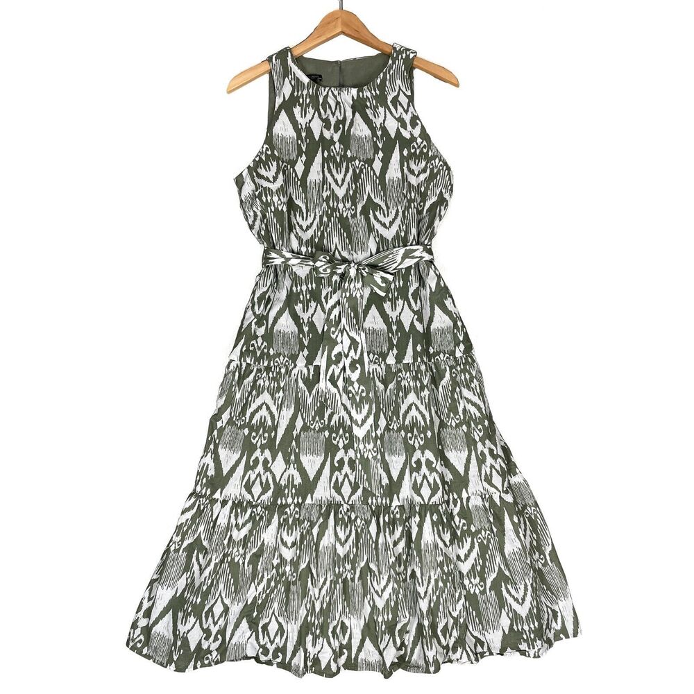 TALBOTS Petites Fit & Flare Dress 12P Green Ikat Tiered Maxi Waist Tie Back Zip
